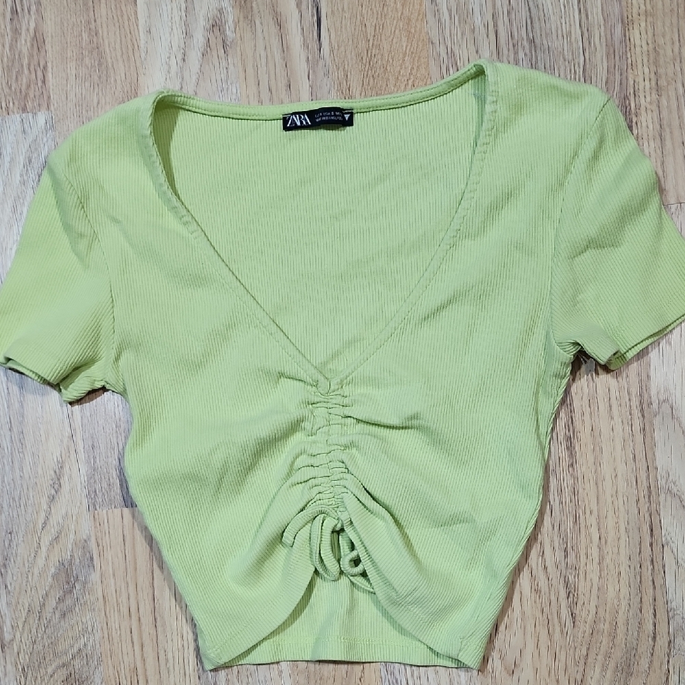 Zara Green Cropped Ruched Tie Front Blouse SIZE SMALL